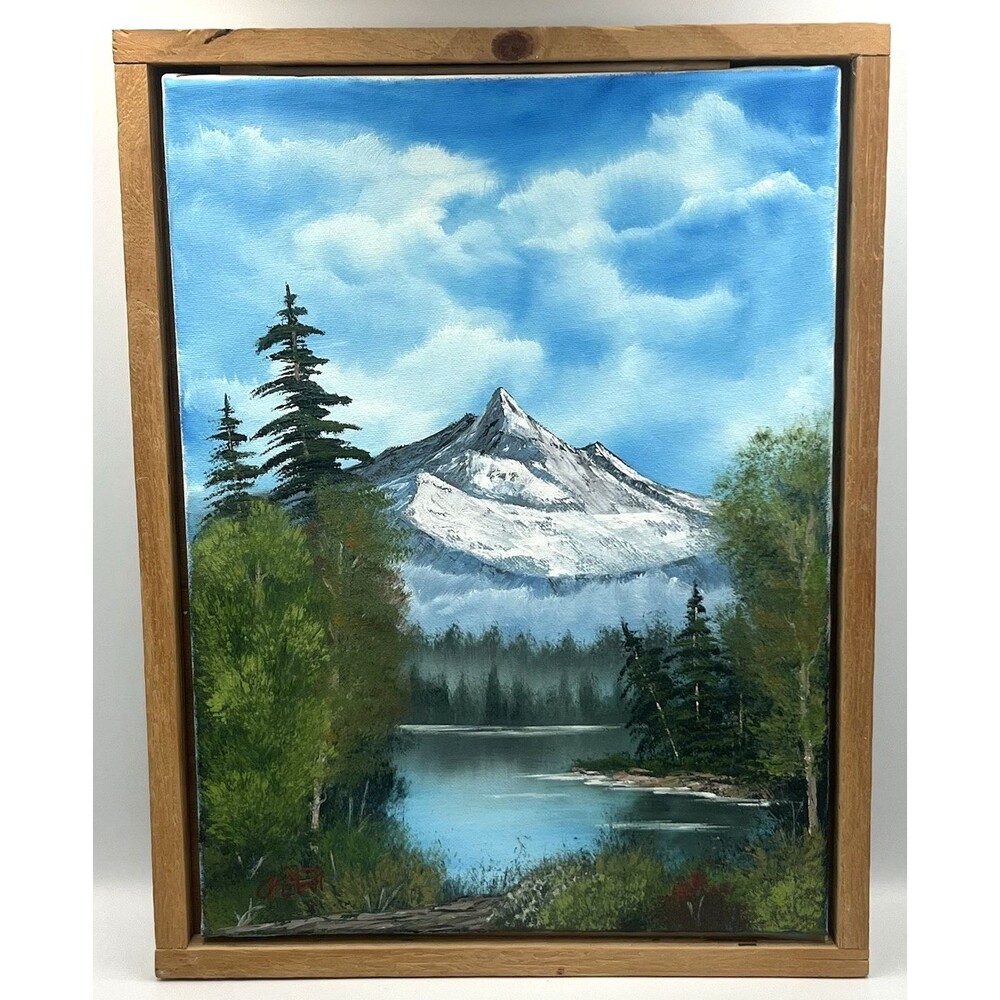 Original Oil Painting Mountain Lake Landscape Vintage Signed Wood Framed 13x17